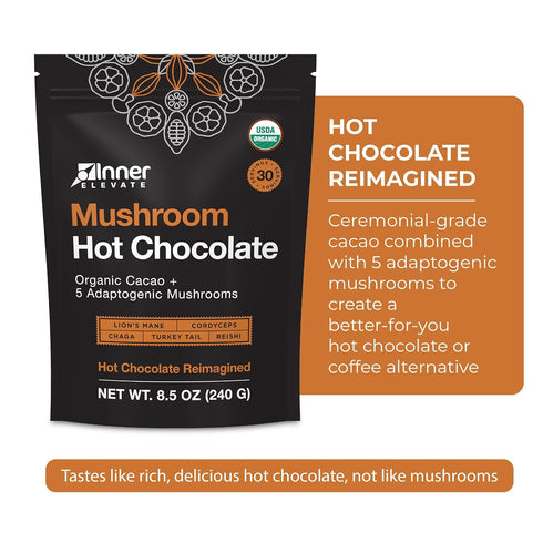 5 (30 Inner Elevate Organic Mushroom Hot Chocolate - Ceremonial Cacao with Adaptogenic Mushrooms - Great as a Coffee