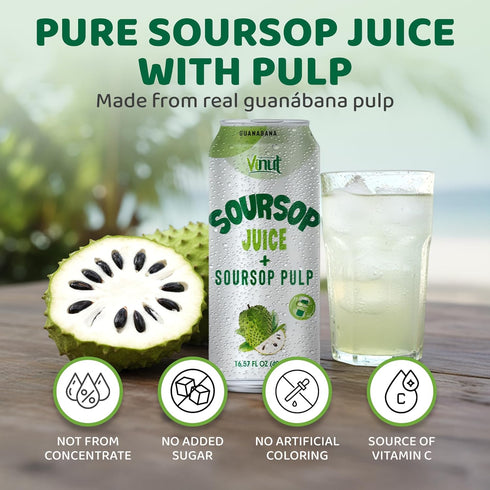 100% (16.57 oz, Pack 12), Vinut Soursop Juice With Pulp fl No Sugar Added, Real Guanabana Soursop Graviola Drink