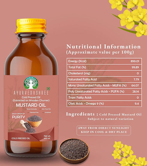 AYURVEDASHREE 3.38 oz.. 100% 100 ML Mustard Oil fl Cold Pressed Oil, Extracted on Wooden Churnerto Sustain maximum