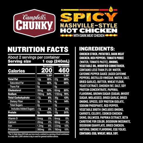 18.8 oz Campbells Chunky Soup, Spicy Nashville-Style Hot Chicken Soup, Can
