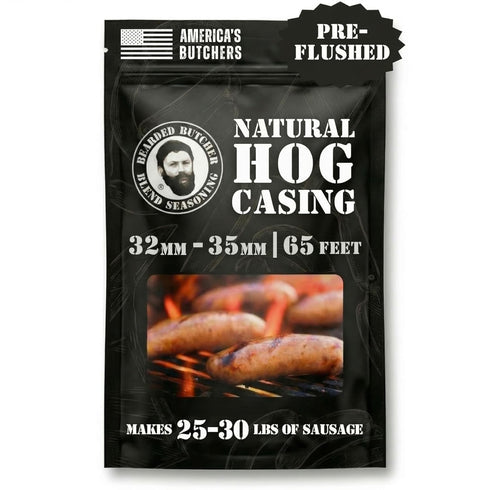 Bearded Butchers Natural Hog Casings 32-35mm Pre-Flushed, Edible Sausage Casing for 2530