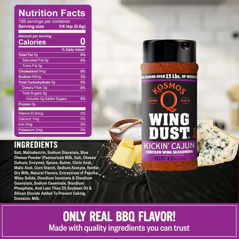 5 Oz Kosmos Q Kickin Cajun Wing Dust, Spicy Creole Chicken Wing Seasoning For Chicken, Fish, Popcorn & More, Sweet