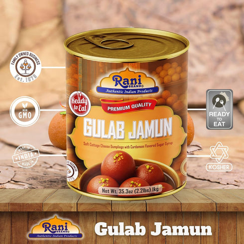 35.3oz (2.2lbs) 1kg, Pack 6, 14 Rani Gulab Jamun Round (w/ Cardamom Flavored Sugar Syrup) of Approximately pieces, Easy