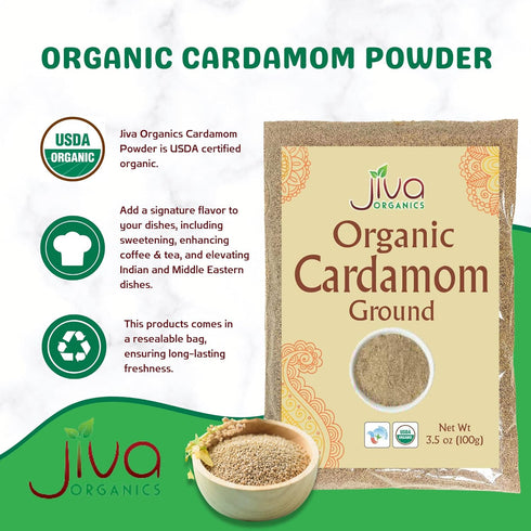 Organic Ground Cardamom Powder, 3.5 Ounce Bag, Premium Aromatic Non-GMO by Jiva Organics