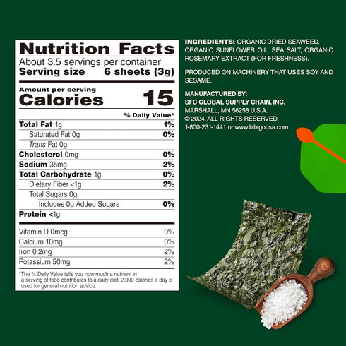 0.35 (Pack 12) Bibigo Seaweed Snack, Sea Salt Flavor, Non GMO, Gluten Free, Ounces