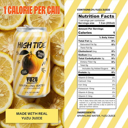 1 12 Oz High Tide Yuzu Sparkling Water - Flavored Carbonated Water Beverage, Calorie per Can, Made with Real Yuzu Juice