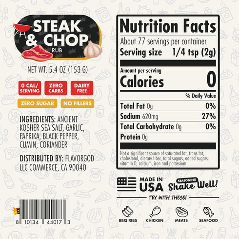2 Steak & Chop Rub Seasoning Mix, Bottles by Flavor God - Premium All Natural & Healthy Spice Blend for Beef, & Pork