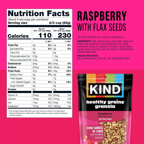 11 KIND Healthy Grains Clusters, Raspberry with Chia Seeds Granola, Gluten Free, Ounce Bag