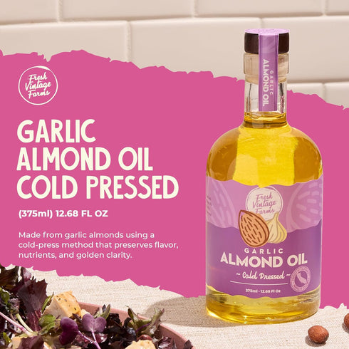 12.68 oz, Pack 2 Fresh Vintage Farms Garlic Infused Almond Oil | Cold Pressed Garlic California Almond Oil | Cold