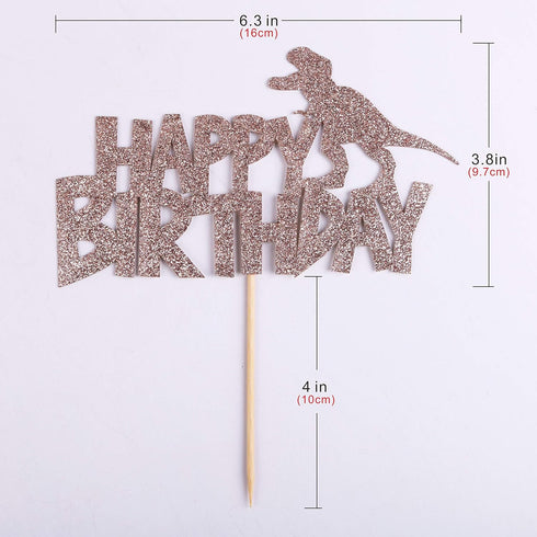Happy Birthday Cake Topper - Rose Gold Glitter Dinosaur Theme Decoration for Boy and Girl Birthday Party