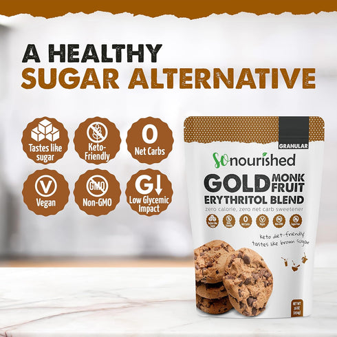 1:1 (1 So Nourished GOLD - Brown Sugar Alternative Substitute Sugar Replacement - Monk Fruit Erythritol Sweetener