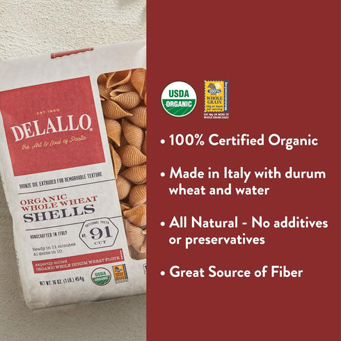 1 4 Pack, 100% DeLallo Whole Wheat Pasta Shells, Pound Bag, Made with Organic Whole Grain Flour, High Protein, Made