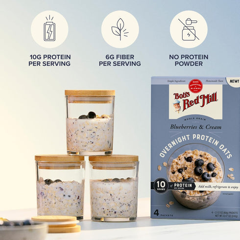16 Packets Bob's Red Mill Overnight Protein Oats, Blueberries & Cream, Total, Non-GMO, Gluten Free, Whole Grain