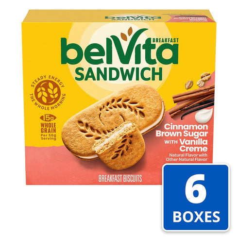 30 Packs, 6 (2 Pack) belVita Breakfast Bar Biscuit Sandwiches, Cinnamon Brown Sugar with Vanilla Creme, Total Boxes