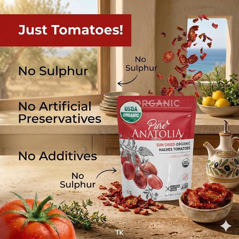Packed, 3.17 oz Pure Anatolia Organic Sun-Dried Tomatoes Halves Cut Dry No Oil Added, Unsulfured, No Preservatives