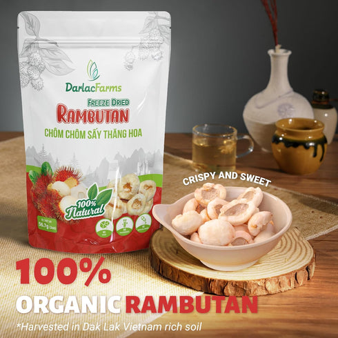 Pack 6, 2 Oz DARLAC FARMS Freeze Dried Rambutan Bites, No Sugar Added, Healthy Fruit Snacks for Kids, Adults & All