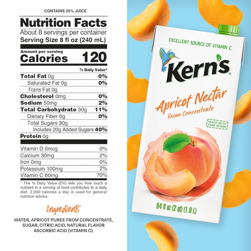 64oz, 8 Pack Kerns Apricot Nectar Juice - Made with Fresh Fruit Puree & Apricot Juice Concentrate for Smoothie Mix