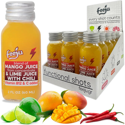 15PCS 2 oz B12, Immunity Feeju Mango Nectar Blend Shot fl Mango Puree, Grape, Lime Juice with Chili and Real Ginger