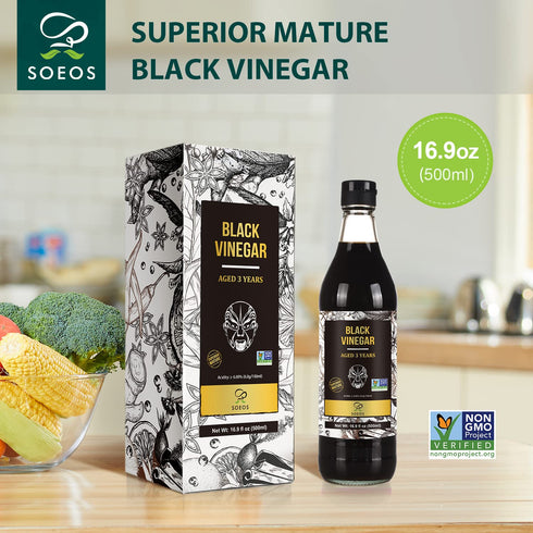 16.9 oz (500ml), 3 Soeos Chinkiang Vinegar fl Years Aged, Naturally Fermented, Mature Aged Black Vinegar, Chinese Black