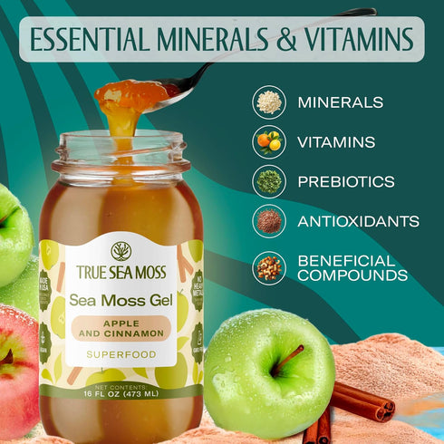 Pack 1 TrueSeaMoss Sea Moss Gel Made in USA Wildcrafted Seamoss, Fruits & Jarred Vegetables Apple/Cinnamon, of (Labels