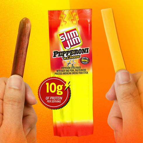 10g 1.5 oz. Slim Jim Beef 'N Cheese Smoked Meat Sticks, Pepperoni Flavor, Protein Per Serving