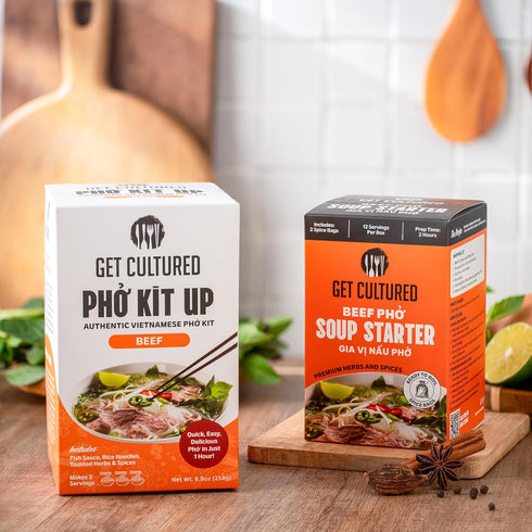 8.9 oz (3 Get Cultured Box Beef Pho Kit Authentic Vietnamese Pho Broth Base With Spice Bag, Rice Noodles, Fish Sauce