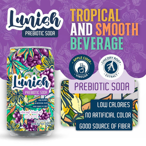4g 20 4 Pack Lunish Prebiotic Soda Grape, Light & Refreshing Low Sugar Soda with Prebiotic Fiber, Apple Cider Vinegar