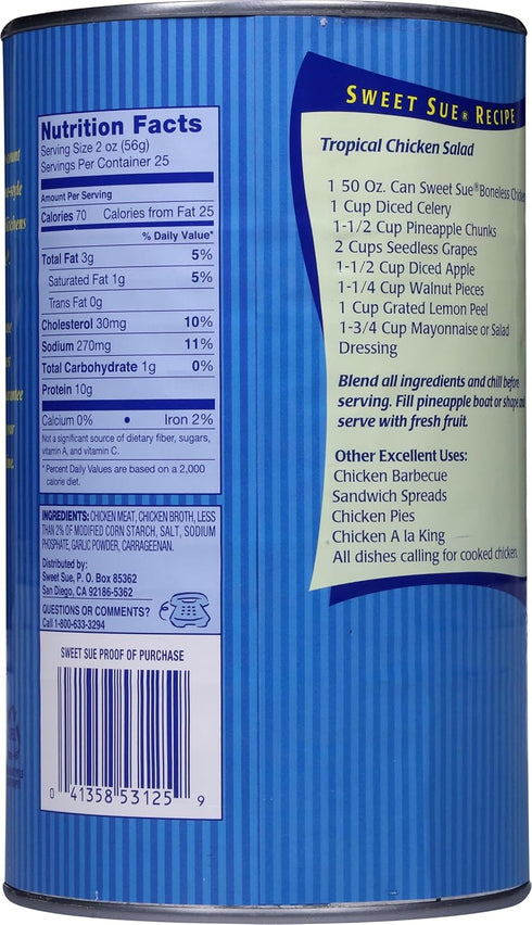 10g 50 oz (Pack 2) Sweet Sue Boneless Chicken with Broth, Cooked Canned Chicken- Protein - Gluten Free, Keto Friendly
