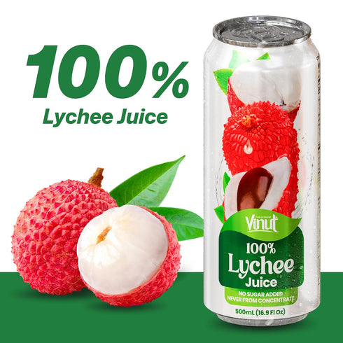 100% 16.9 oz (500 mL) Pack 12 VINUT Lychee Juice, No Added Sugar, Not From Concentrate, fl Can