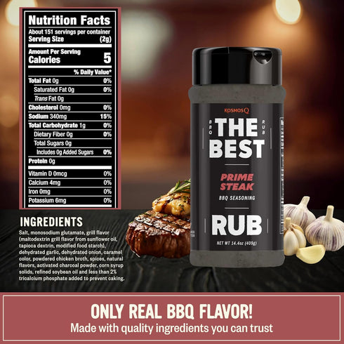 14.4 Oz Kosmos Q The Best Prime Steak Rub, Bold BBQ Meat Dry Rub & Steak Seasoning with Garlic, Onion, Spices & Smoke