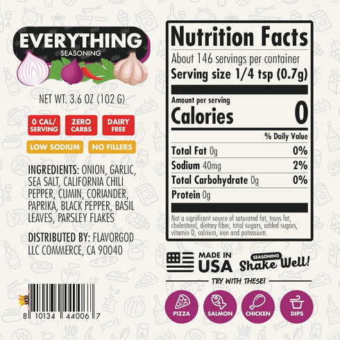 Everything Seasoning Mix by Flavor God - Low Sodium Seasoned Salt w/ No Sugar, Non GMO, Keto, Popcorn Seasoning Kosher Salt for Chicken, Steak, & Tacos - Healthy Herbs, Spices & Seasoning Salt Substitute