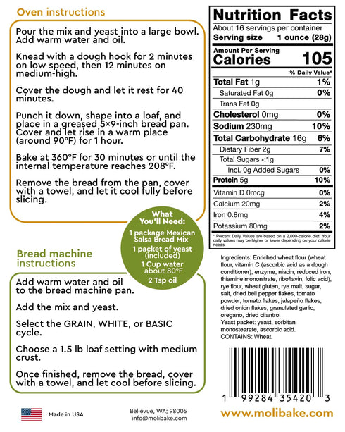 Pack 2 15 oz Molibake Mexican Salsa Bread Mix of Premium Artisan Bread Mix for Bread Machine and Oven All-Natural