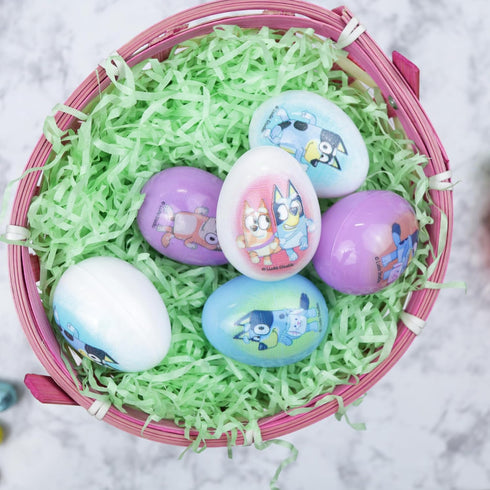 2.47 Galerie Bluey Themed Plastic Easter Eggs, Red Hard Candy Pouches Inside, Great for Egg Hunts, Ounces