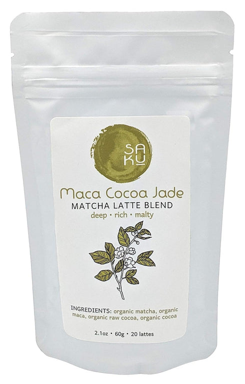 SAKU Maca Cocoa Jade Matcha Latte Blend, Super Food Tea, 2.1 oz Bag