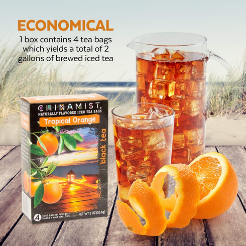 China Mist Tropical Orange Black Tea Infusion – Iced Tea – 4 Bags – Each Tea Bag Yields 1/2 Gallon – Refreshing.