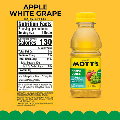 100% 8 Oz 24 Count (4 Packs 6), 2 Mott's Apple White Grape Juice, Fl Bottles, Of No Added Sugar, Excellent Source