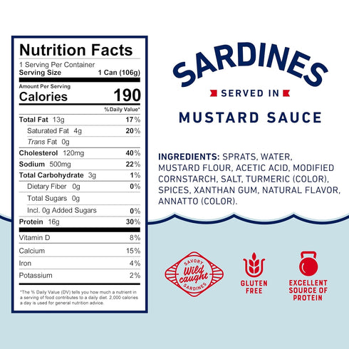 3.75 oz 16g (Pack 6) Beach Cliff Wild Caught Sardines in Mustard Sauce, Can - Protein per Serving - Gluten Free, Keto