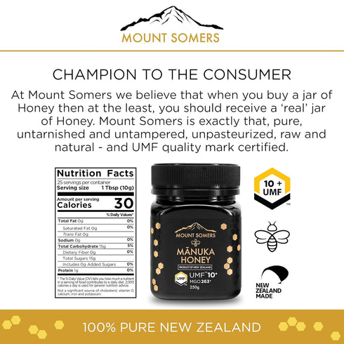 Mount Somers Premium Manuka Honey MGO 263+ / UMF 10+, 100% Pure Non GMO New Zealand Honey, 8.8oz