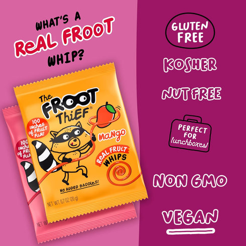 Pack, 10xStrawberry, 10xMango The FROOT Thief Real Fruit Snack Whips BIG Variety Nut Free, Individual Bags for Kids