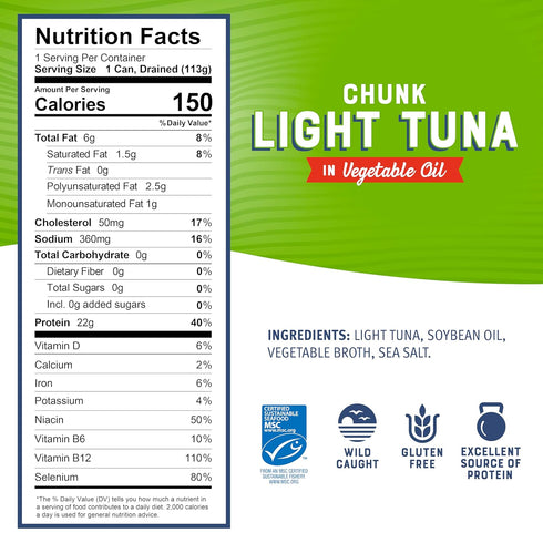 5 oz (Pack 8) 22g Bumble Bee Chunk Light Tuna In Oil, Cans of - Wild Caught Skipjack Tuna - Protein Per Serving - MSC
