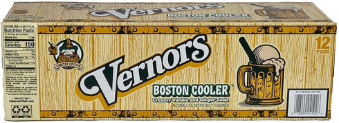 Vernors 12-pack 12-ounce pack (12-count) Ginger Soda (ale) Boston Cooler Edition creamy vanilla cans in fridge