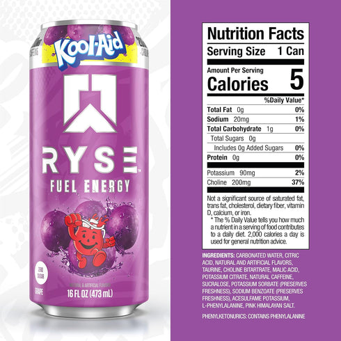 200mg 16 oz (12-Pack) RYSE Fuel Energy Drink - Kool-Aid Grape - Sugar Free, Gluten Free & Vegan - Natural Caffeine