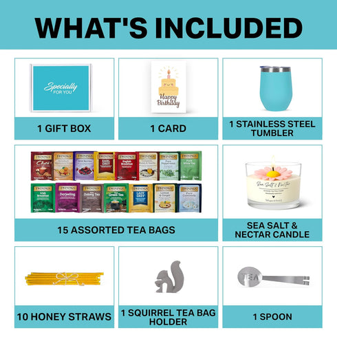 Set 15 10 Birthday Gift with Stainless Tumbler, Assorted Teas, Honey Straws, Tea Tongs, Scented Candle and Greeting