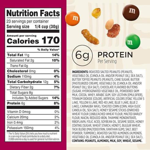 24 oz Snak Club Sweet and Salty Trail Mix with Peanuts, Butter Toffee Peanuts, M&M'S Chocolate Candies, Toasted Corn