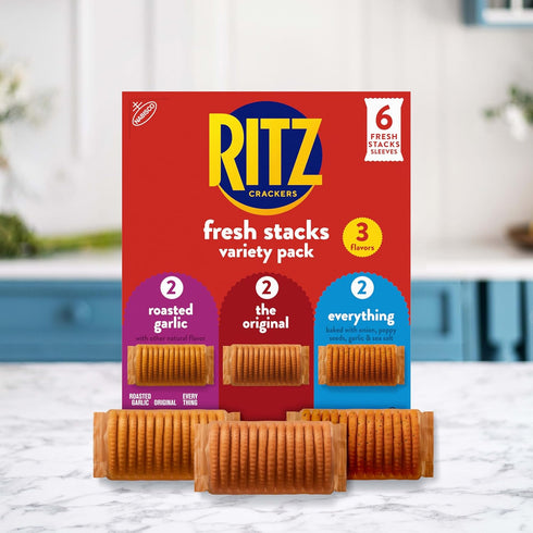 Pack, 8.85 oz (6 Packs) RITZ Fresh Stacks Original, Everything, and Garlic Butter Crackers Variety Travel Snacks, Multi