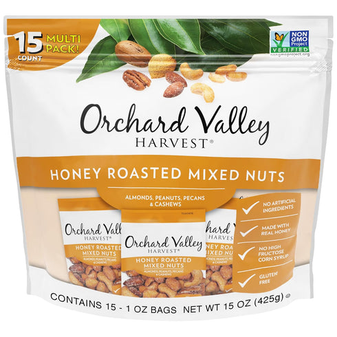 Orchard Valley Harvest Honey Roasted Mixed Nuts, 1 Ounce Bags Pack of 15, Gluten Free Non-GMO