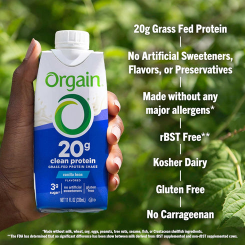 Orgain Clean Protein Shake, Grass Fed Dairy, Vanilla Bean - 20g Whey High Protein, 11 Fl Oz (Pack of 4)