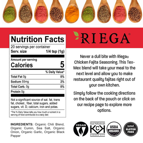 0.71oz Packets, 8 Count Riega Fajita Seasoning Blend, Organic Tex-Mex Spice Mix for Chicken, Beef, or Veggies