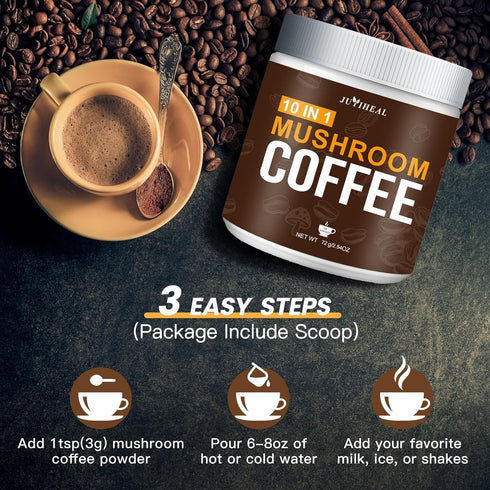 10 in1 72g JUYIHEAL Mushroom Coffee, Mushroom Powder Coffee with Lions Mane, Chaga, Reishi, Cordyceps, Maitake