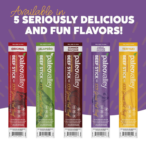 100% Summer Paleovalley Grass Fed Garlic Sausage Beef Sticks - Delicious Gluten Free Beef Snack - High Protein Keto